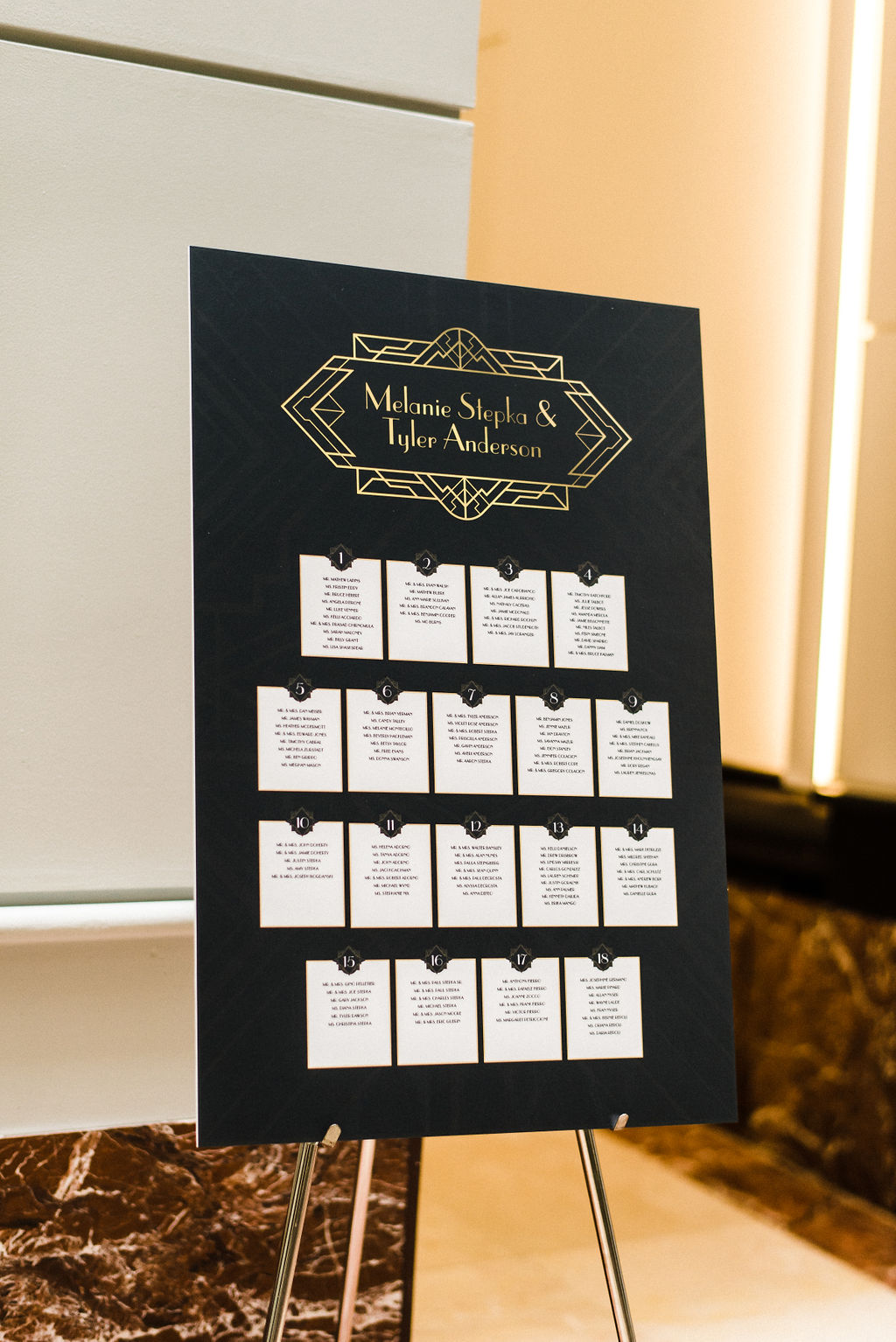 Great Gatsby themed wedding chart for Melanie &amp; Tyler Anderson's wedding - Pearl Weddings &amp; Events