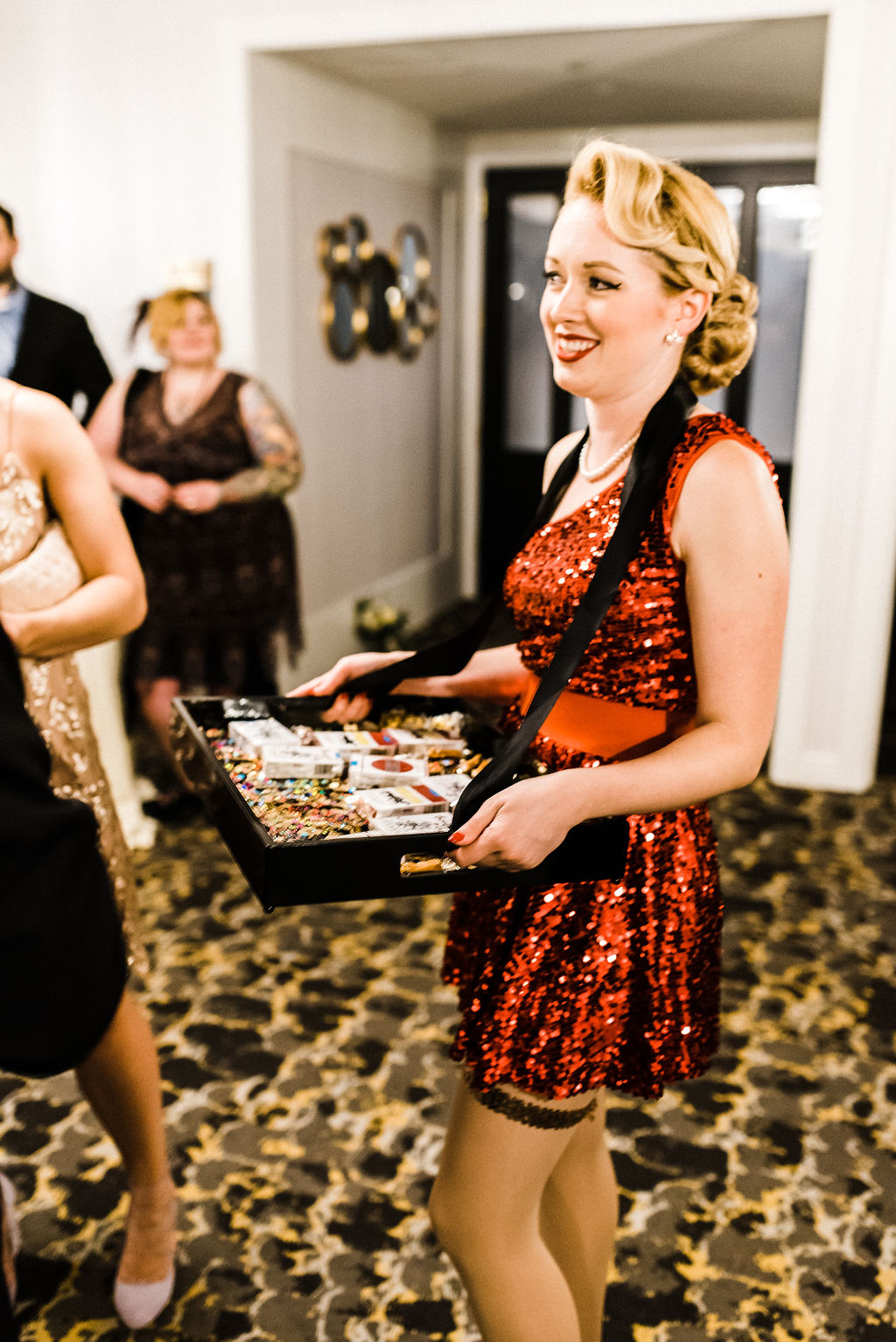 Cigar girls for a great gatsby themed wedding at The Goodwin Hotel in Hartford, CT - Pearl Weddings &amp; Events
