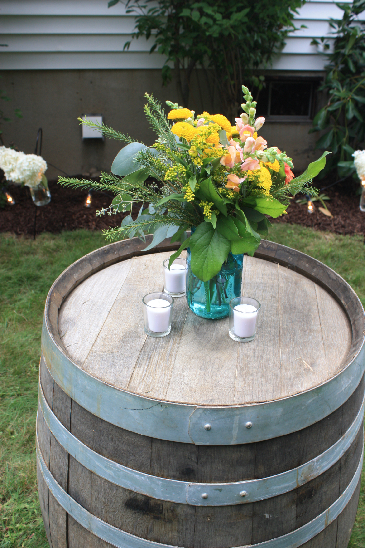 Blue Mason Jars and Wine Barrels for a Wedding Cocktail Hour - Pearl Weddings &amp; Events