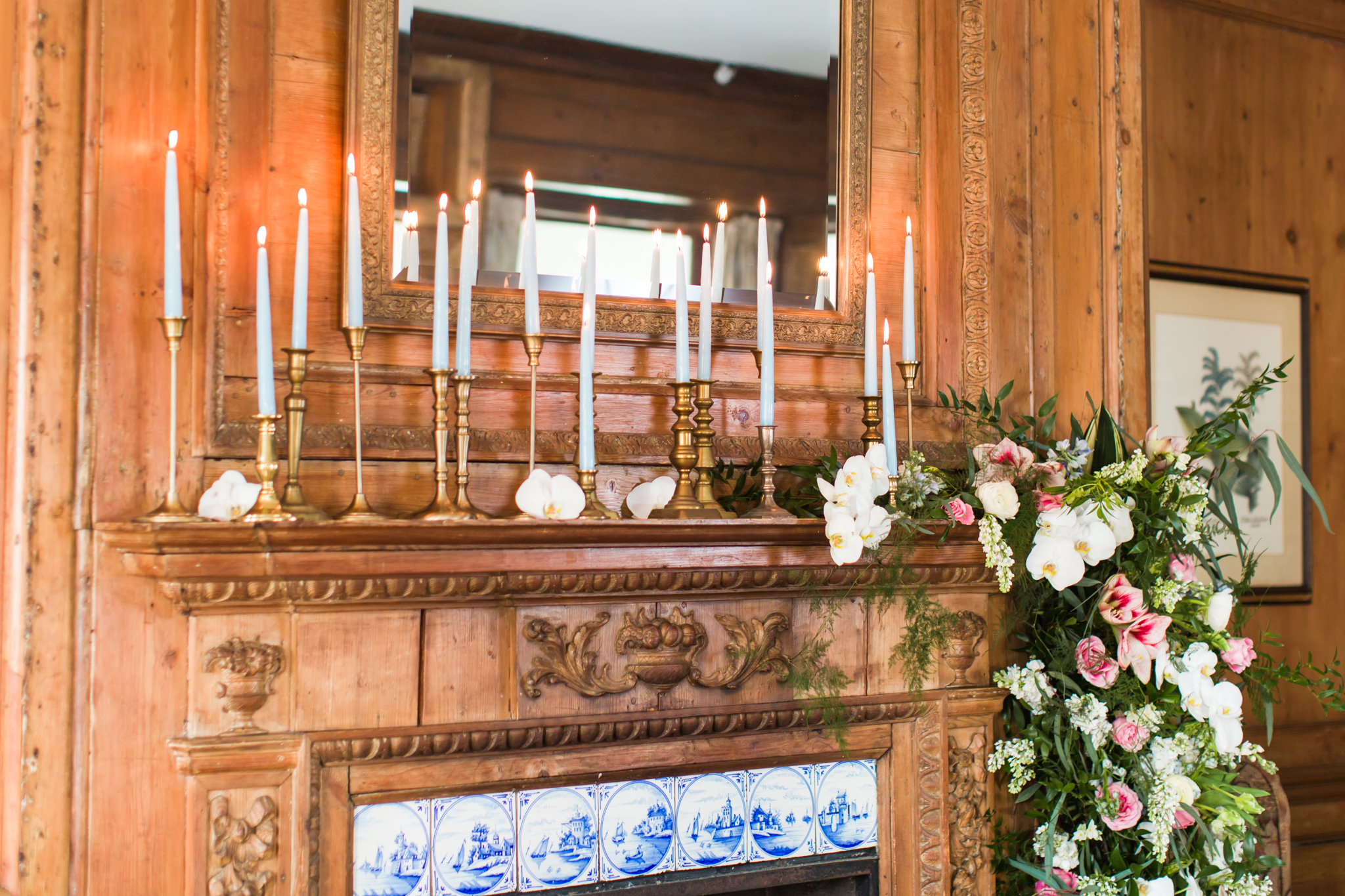 Floral covered fireplace for an intimate ceremony in the winter - Pearl Weddings &amp; Events