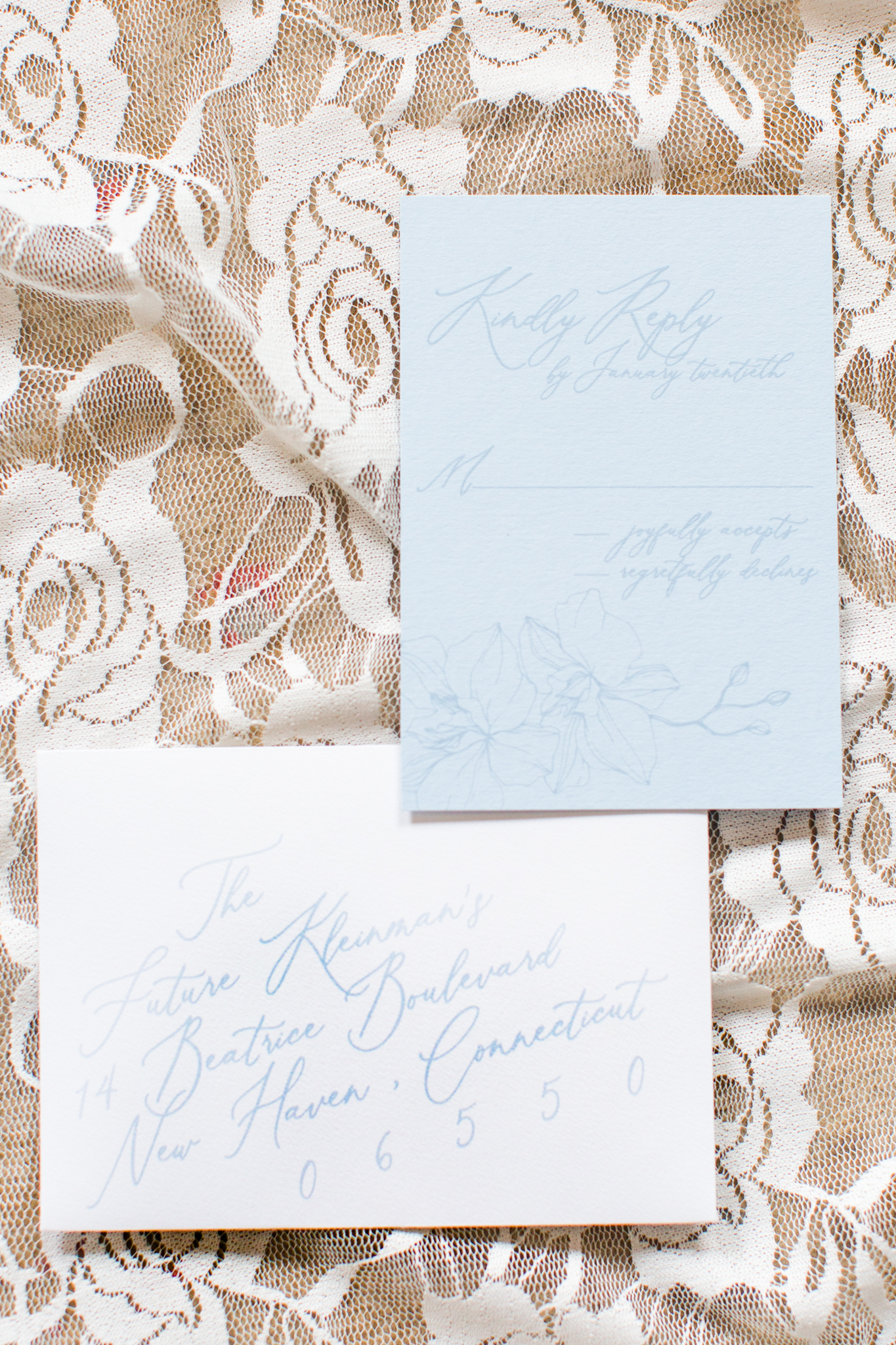 Winter invitation suite for light blue, whites and pink wedding - Pearl Weddings &amp; Events
