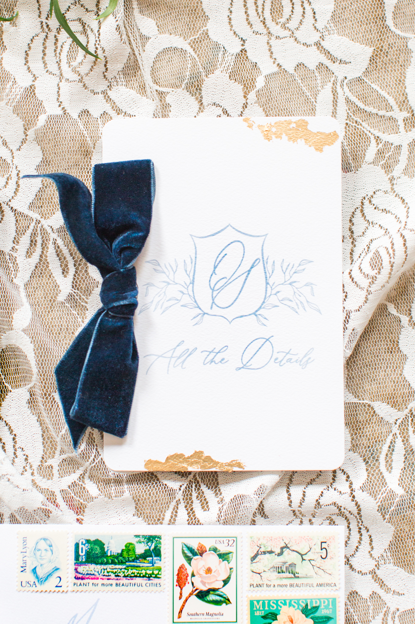 The details card for the invitation suite with a velvet ribbon and fold - Pearl Weddings &amp; Events