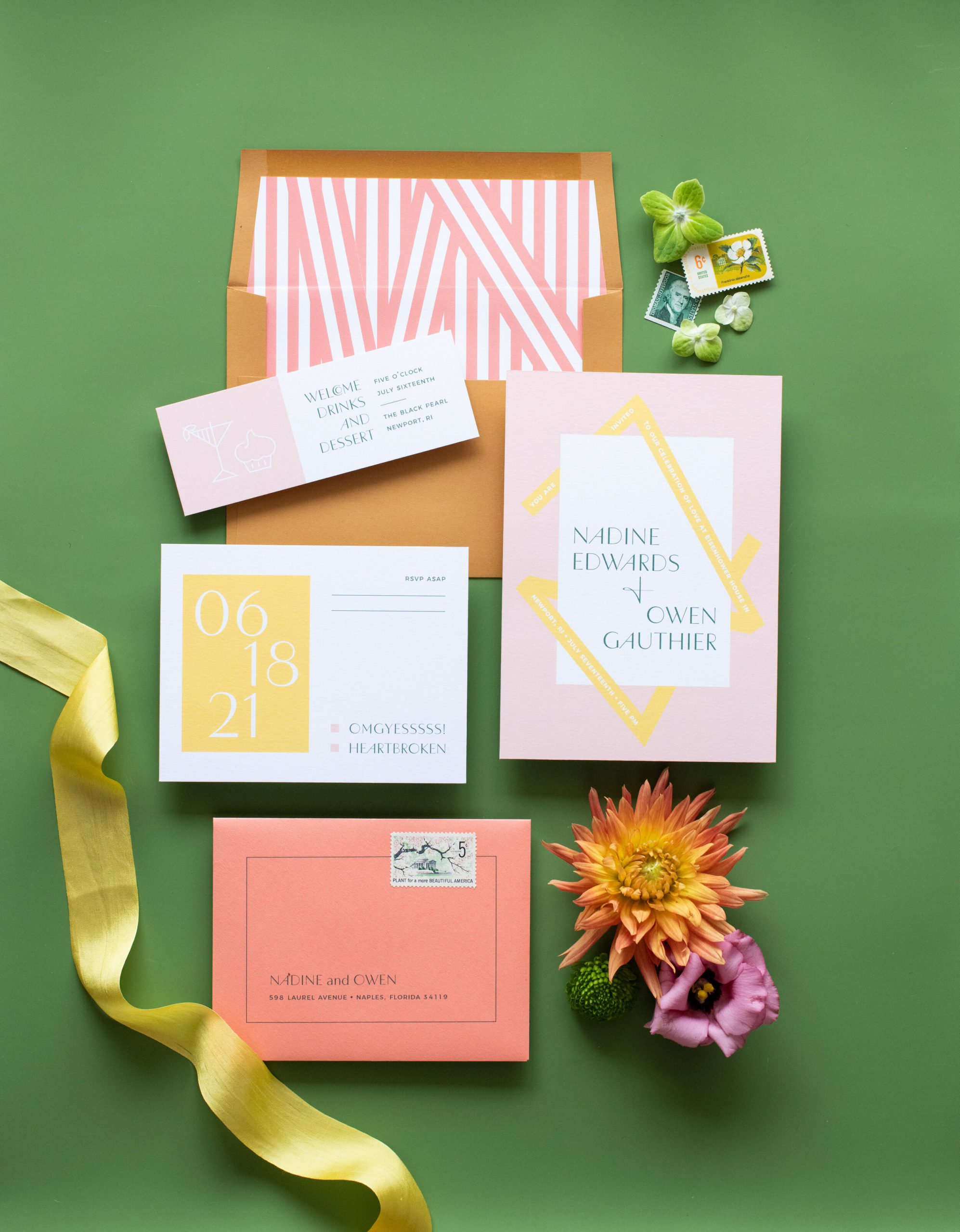 Peach and Yellow Stationery at Eisenhower House in Newport, RI for Bliss Celebrations Magazine - Pearl Weddings &amp; Events