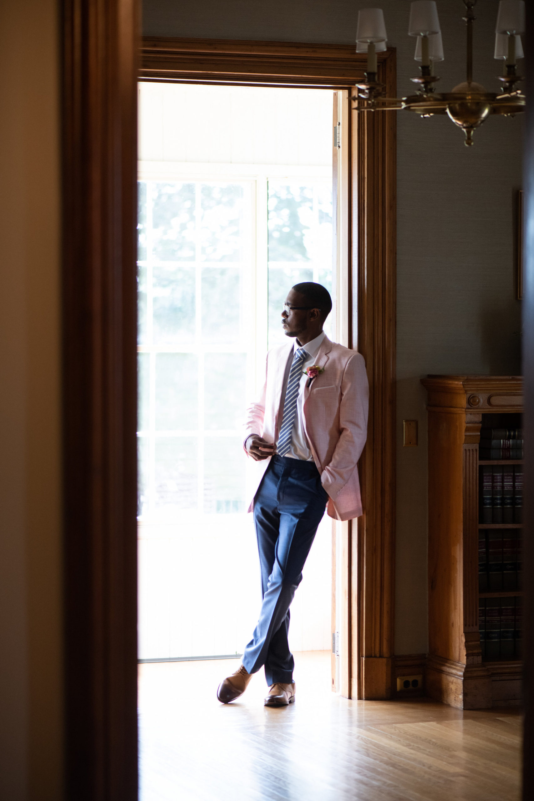 Pink and Blue Grooms Suit at Eisenhower House in Newport, RI for Bliss Celebrations Magazine - Pearl Weddings &amp; Events