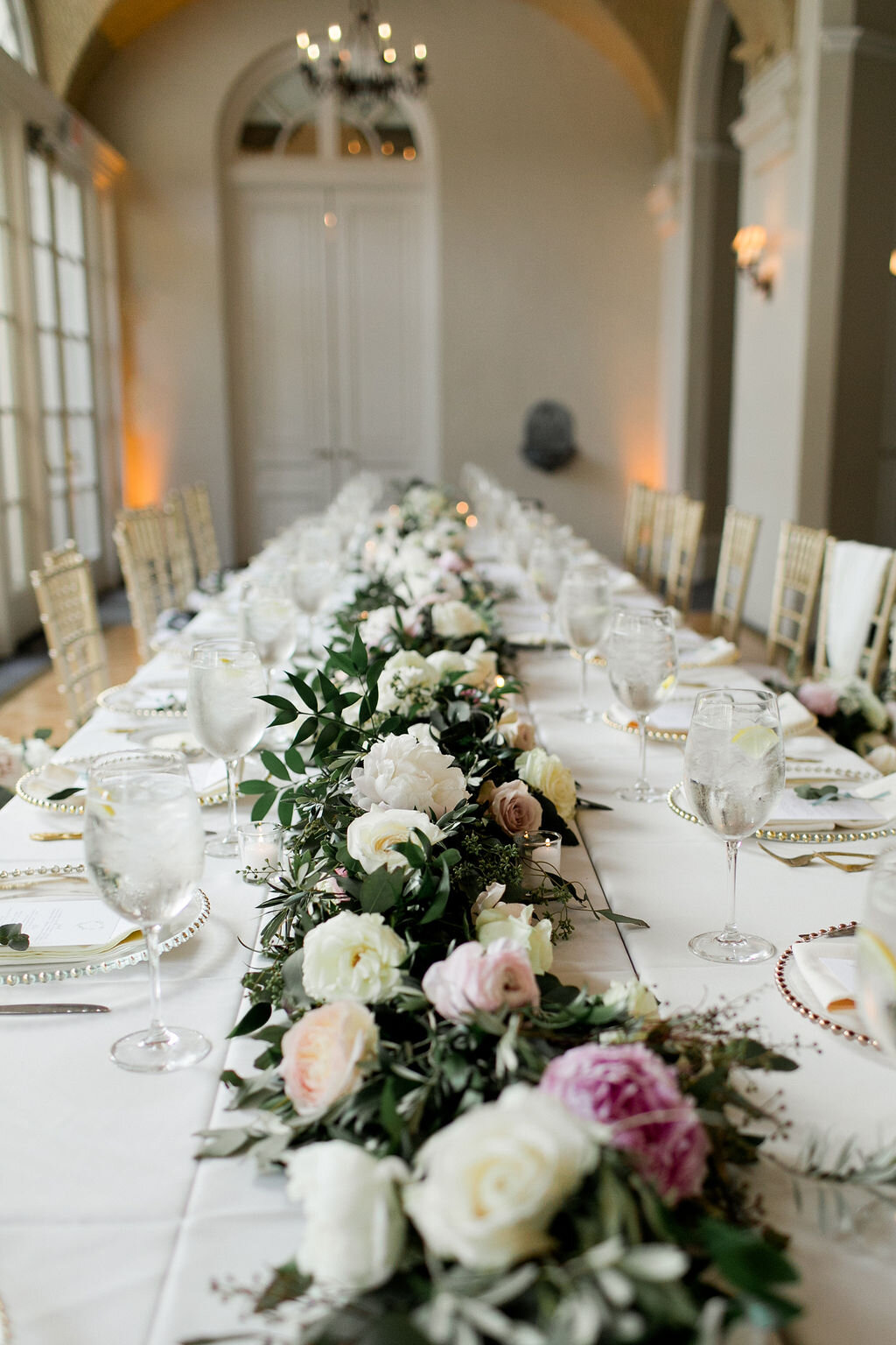 white, blush pink and greenery down the middle of head table - Pearl Weddings and Events