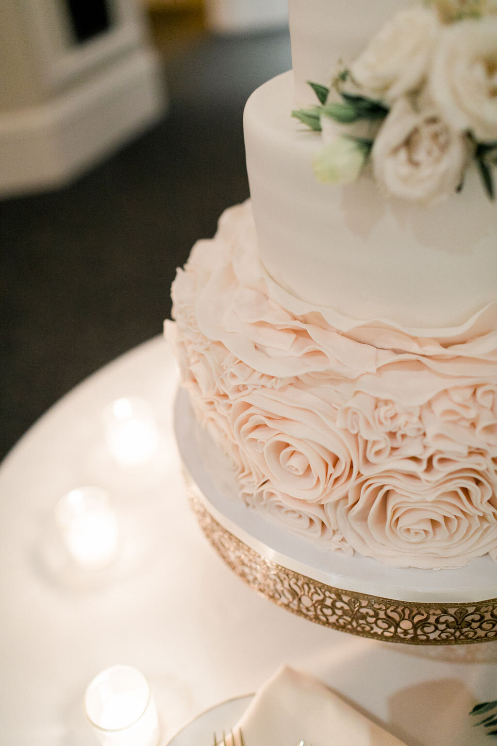 white and blush pink three tiered wedding cake - Pearl Weddings &amp; Events
