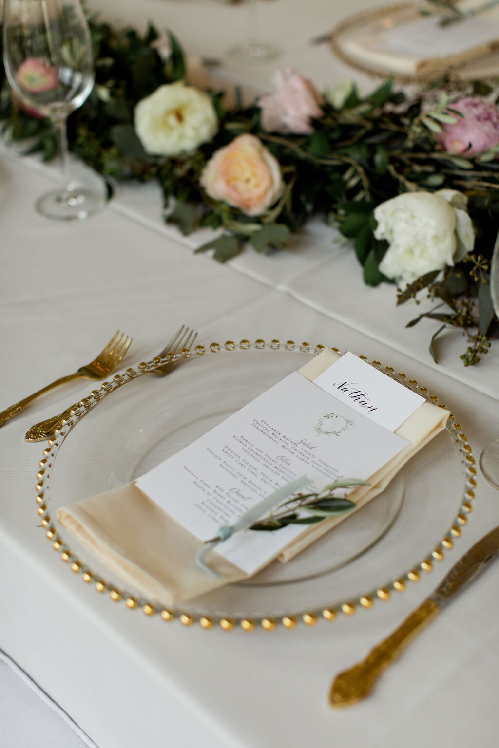 white, blush pink and greenery down the middle of head table - Pearl Weddings and Events