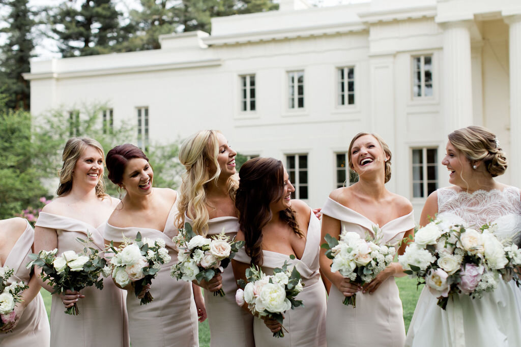 Light pink, off the shoulder bridesmaids dresses with blush bouquets - Pearl Weddings &amp; Events