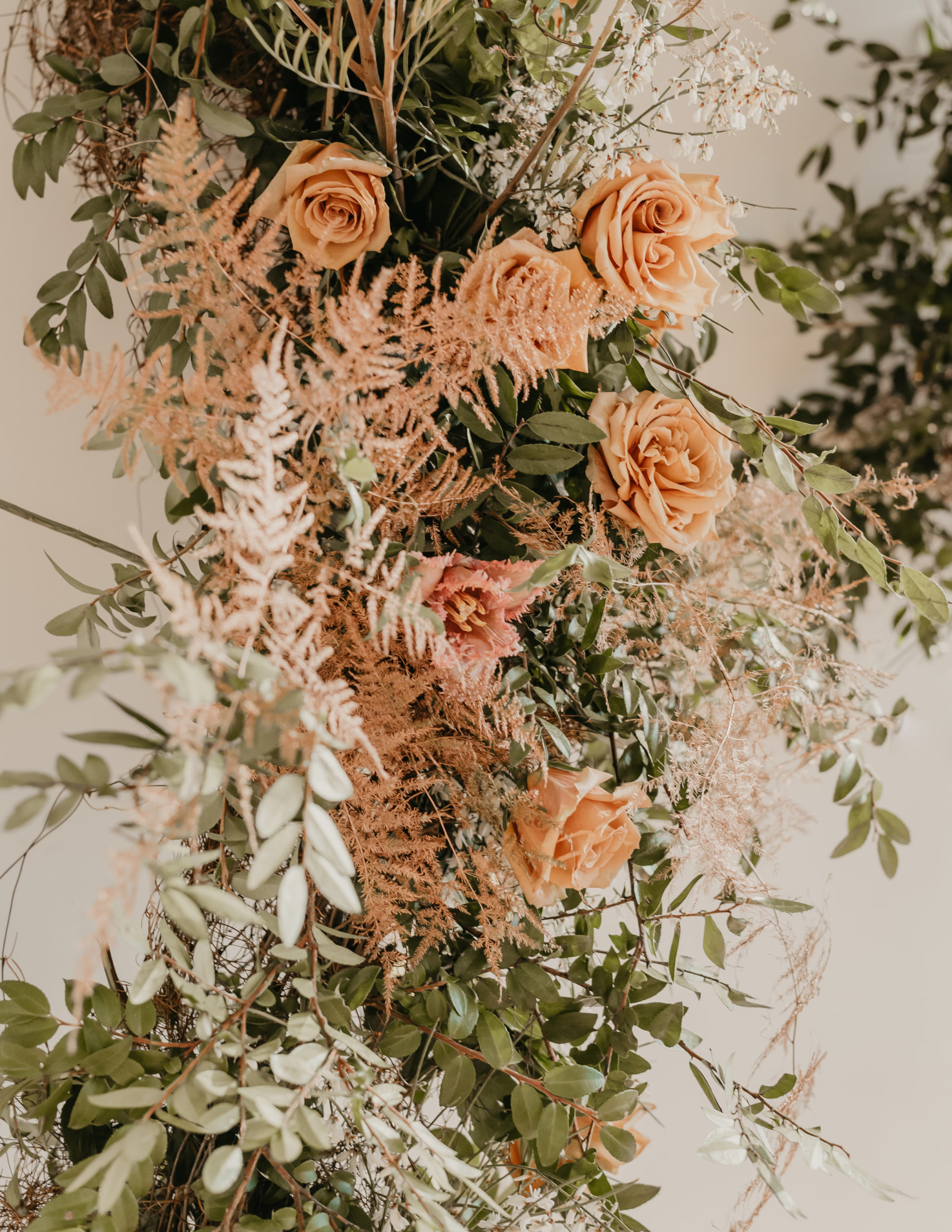 Blush, Green, Tan roses and copper colored florals for the Mid-Century Modern Boho Inspirational Editorial - Pearl Weddings &amp; Events