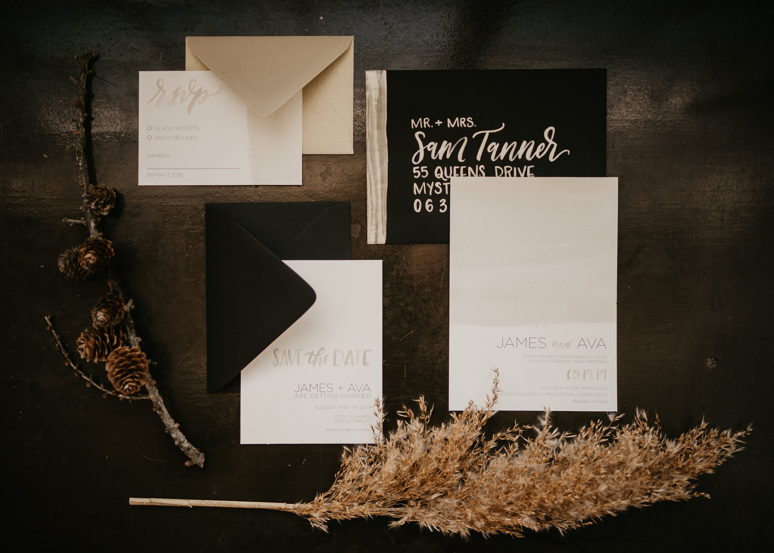 Black, white and tan Wedding Invitation Suite - Pearl Weddings &amp; Events