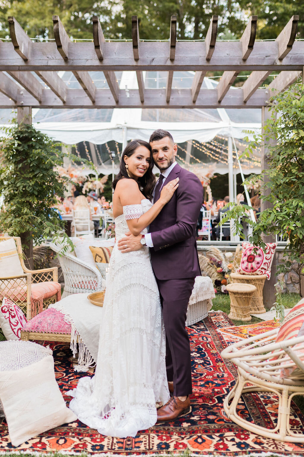 Boho Bride and groom with turkish styled wedding lounge - Pearl Weddings &amp; Events
