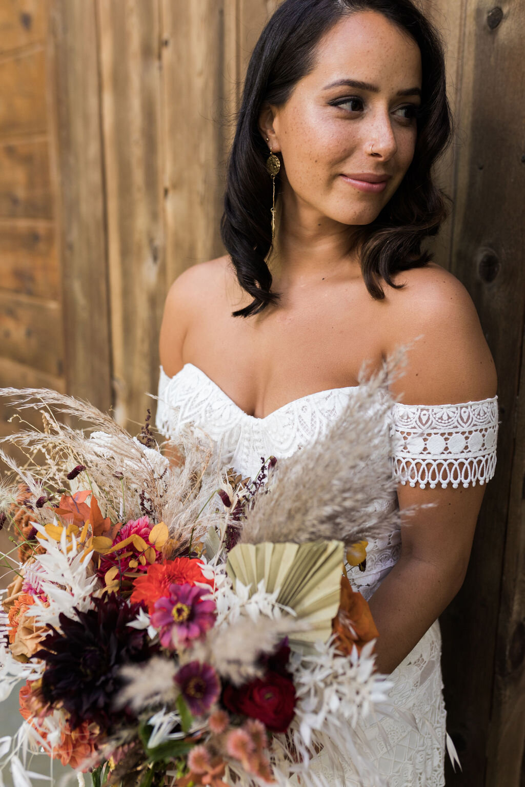 Rue De Seine boho bride with large dried flower bouquet - Pearl Weddings &amp; Events