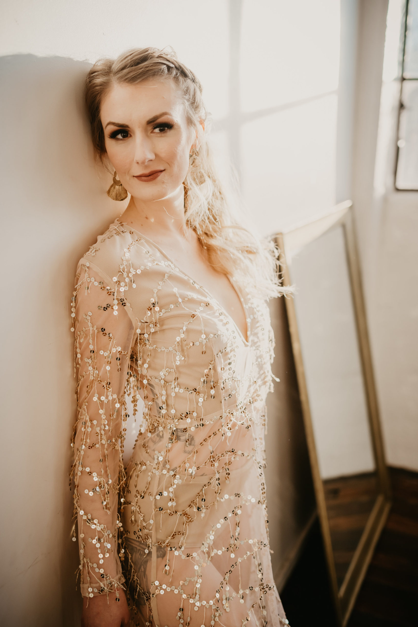 Bride in her sequins dress with a pony tail up do for her mid-century modern boho wedding - Pearl Weddings &amp; Events