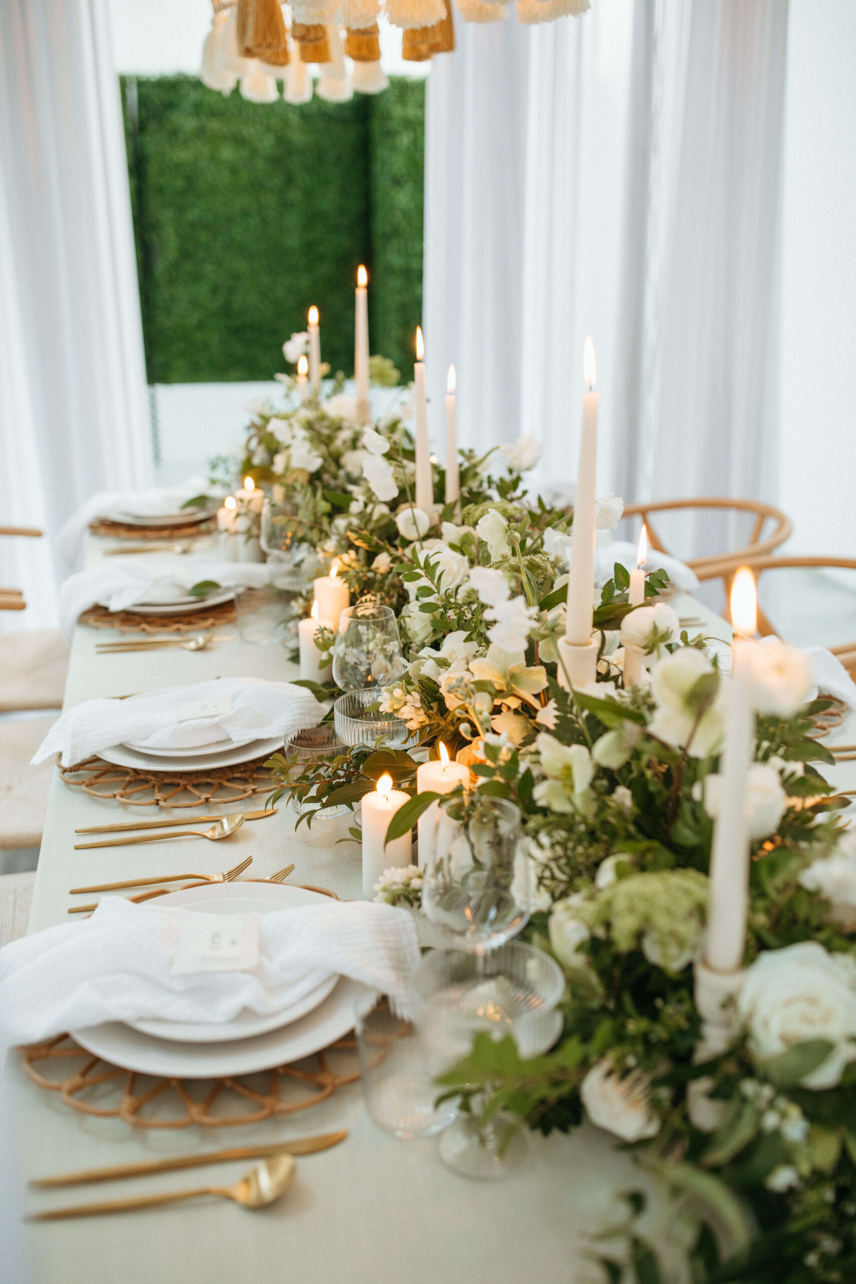 White and green table setting with gold details at a NYC wedding venue styled shoot