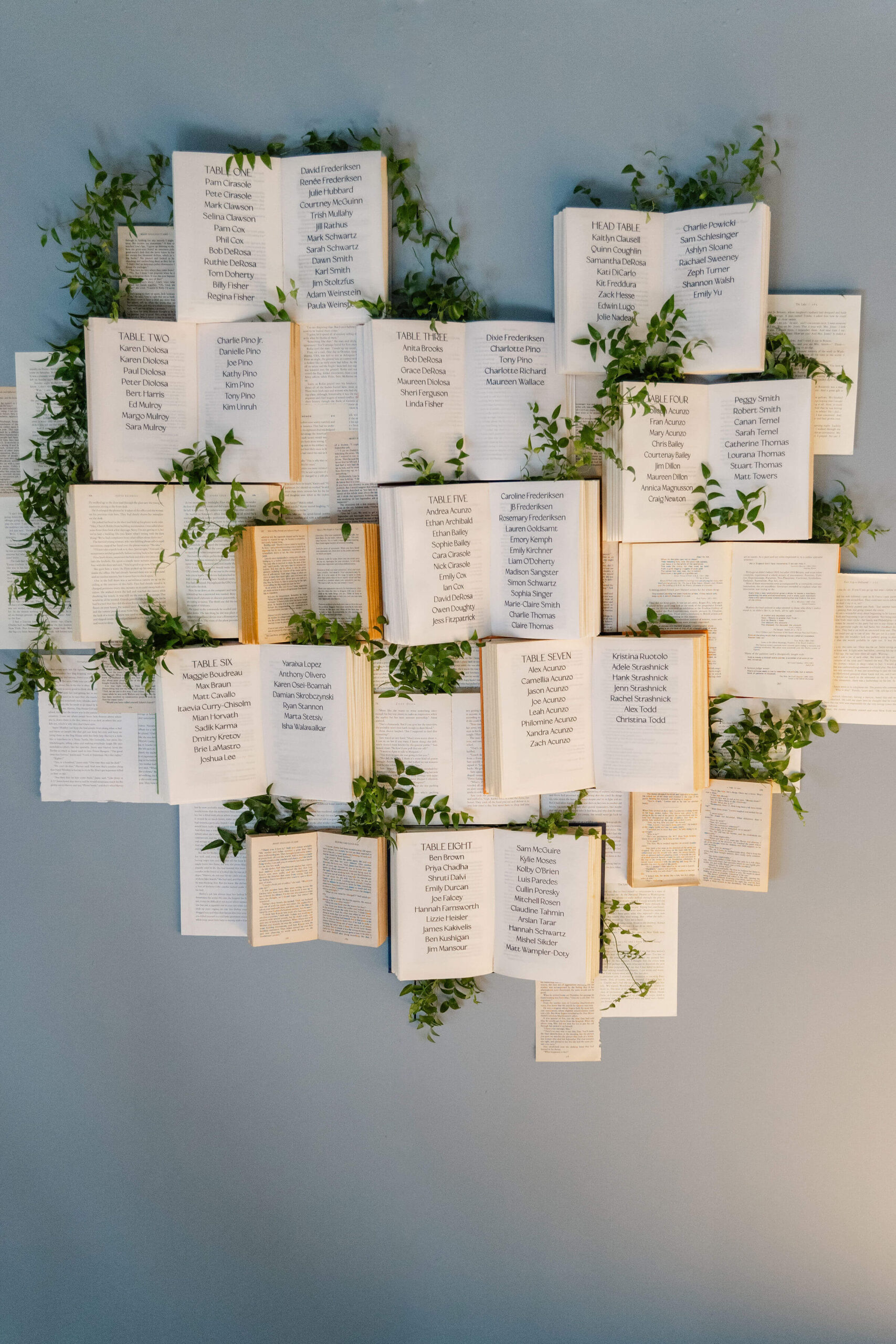 Custom made seating chart made with books for Connecticut Wedding