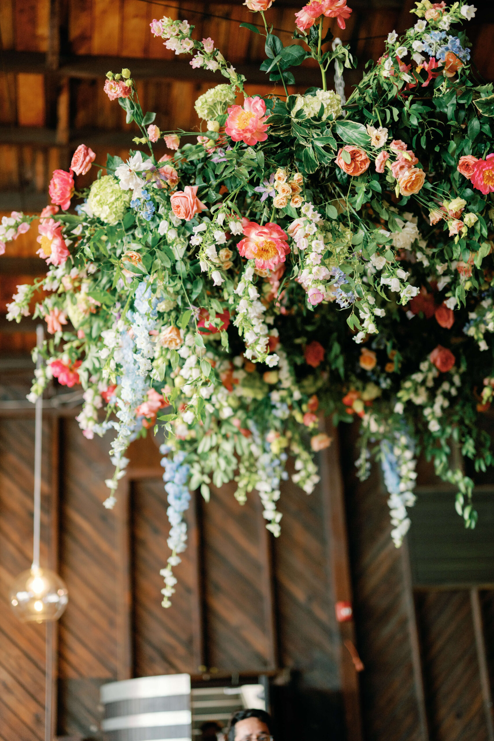Hanging floral installation for New England wedding.